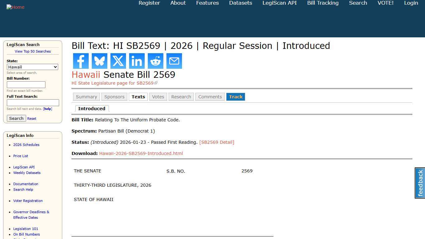 Bill Text: HI SB2569 2026 Regular Session Introduced LegiScan